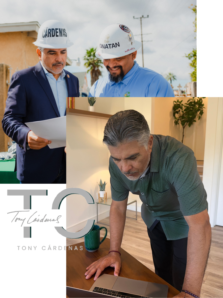 two photos of tony and his logo